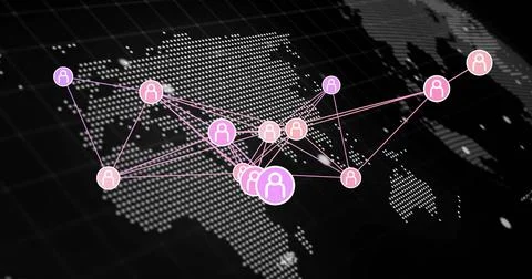 Showing pink violet circular user icons connected by thin lines on dotted world Stock Illustration