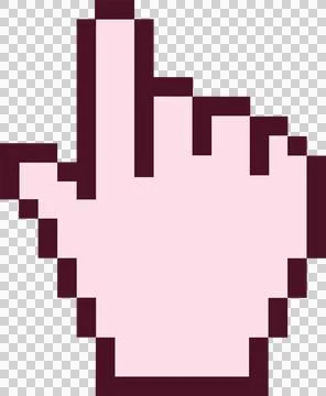 Showing pixel-art hand cursor pointing upward on transparent background, pink Stock Illustration