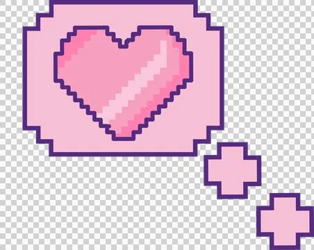 Showing pixel-art heart inside pink thought bubble with two pixel crosses on Stock Illustration