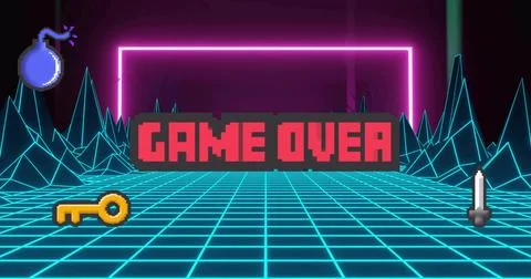 Showing pixel red GAME OVER text occupying cyan grid and mountains, magenta Stock Illustration