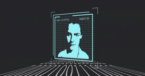 Showing pixel teal face floating in holographic frame, with User profile 00097 Stock Illustration