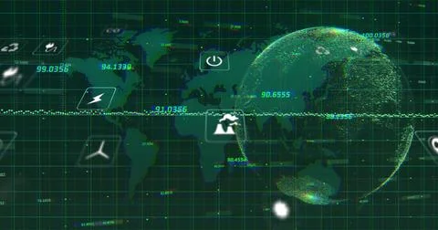 Showing pixelated 3D globe glowing on dashboard, with map grid numbers waveform イラスト素材