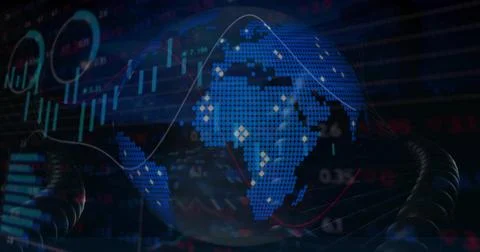 Showing pixelated globe rotating on dashboard with data points line graphs and Illustrazione stock