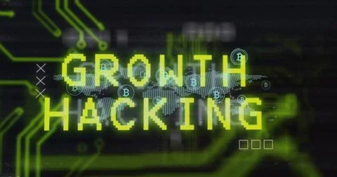 Showing pixelated GROWTH HACKING pulsing on UI, with Bitcoin icons world map and Stock Illustration
