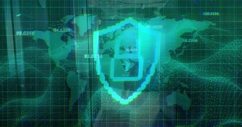 Showing pixelated shield with four-pane on cyber UI, displaying world map grid Illustrazione stock