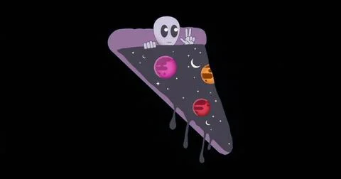 Showing pizza slice glowing with starry core on black, purple rim dripping sa 스톡 일러스트