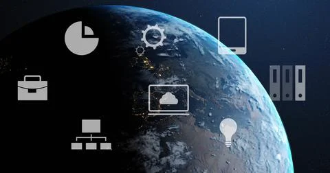 Showing planet Earth emerging from shadow in space, with pie chart gear network イラスト素材