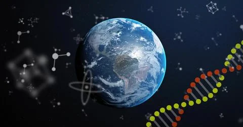 Showing planet Earth floating in dark star field, featuring DNA double helix and Stock Illustration