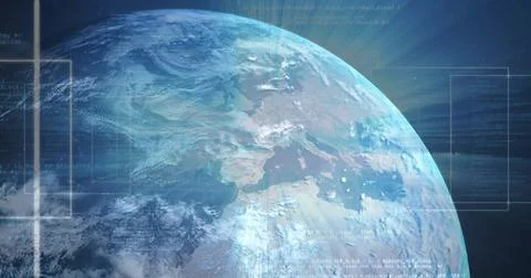 Showing Planet Earth partial disc rotating in low orbit, with HUD overlays and Stock Illustration