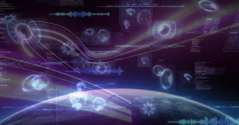 Showing planetary limb glowing teal-purple in low orbit, with UI panels, glyphs 스톡 일러스트