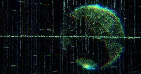 Showing point-cloud globe on right rotating in dark terminal, with waveform, Stock Illustration