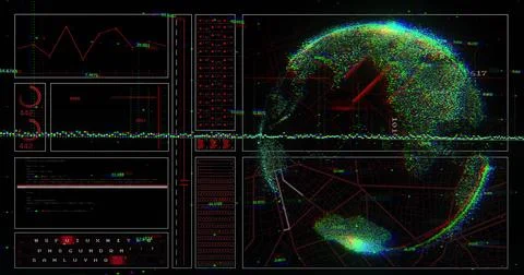 Showing point-cloud globe spinning on data dashboard, with line graph, gauges, Foto stock