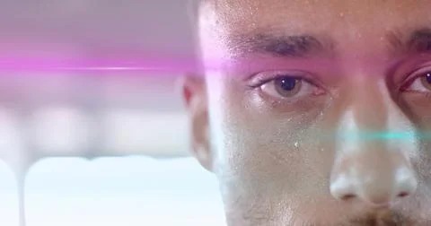 Showing portrait subject sweating in studio environment with neon lens flares, Stock Photos