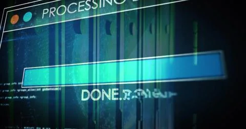 Showing PROCESSING window filling nearly full turquoise bar on screen, with Foto stock
