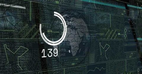 Showing progress indicator encircling 3D globe showing numeric readout in Stock Photos