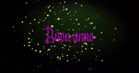 Showing purple glitter cursive Buon anno glowing on vignette studio backdrop, Stock Illustration