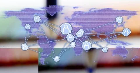 Showing purple map overlay with light-blue user icons linking large nodes over Illustrazione stock