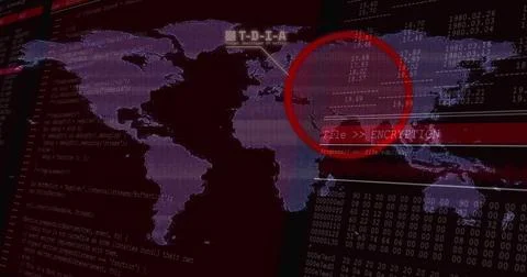 Showing purple map with red target ring and code on security UI, highlighting 库存插图
