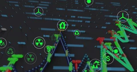 Showing pyramidal node network forming bead chains in dark virtual dashboard, Illustrazione stock