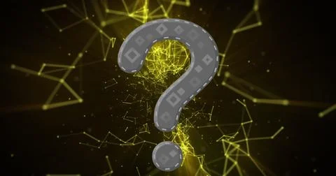 Showing question mark floating in dark network, with glowing yellow nodes and Stock Photos
