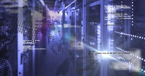 Showing rack-mounted servers blinking LED lights in data center, with world map Illustrazione stock