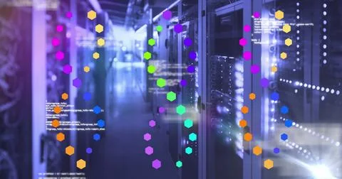 Showing rack-mounted servers displaying LED lights in data center corridor, Stock Photos