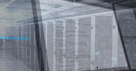 Showing rack-mounted servers lining data center corridor, with cable trays and Stock Photos