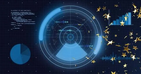 Showing radar interface on virtual grid, with code snippet, pie chart, star bar Stock Photos