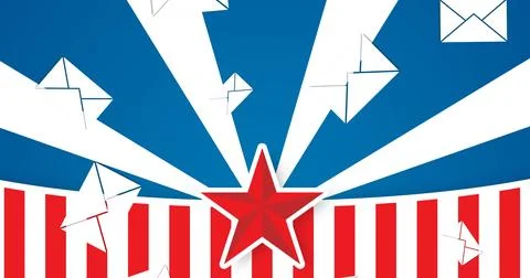 Showing red 5-point white-outlined star emitting white rays on blue banner, Illustrazione stock