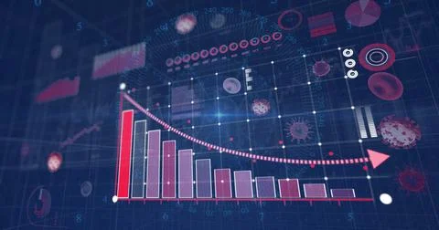 Showing red bar chart falling on blue grid dashboard, featuring dotted trend Stock Photos