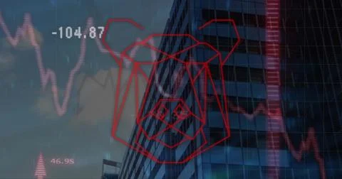 Showing red geometric bear-face overlaying glass high-rise, with red line Stock Photos
