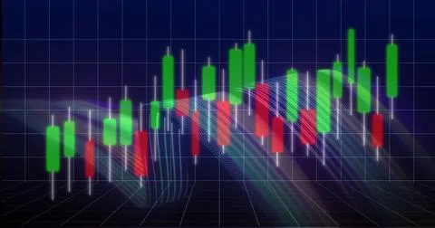 Showing red, green candlestick bars with white wicks moving on dark blue grid Stock Illustration