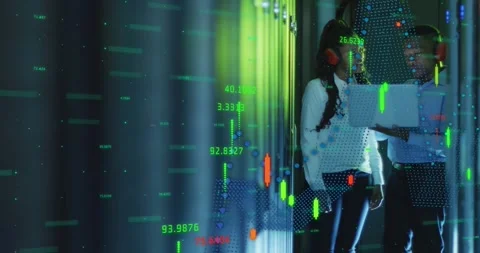 Showing red-headset IT pros in tops with laptop in server aisle, racks, animated Stock Footage 333967744