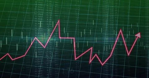Showing red jagged line graph with arrowhead rising on grid screen, with Stock Illustration