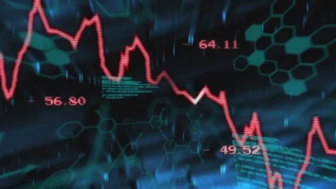 Showing red line chart sliding across data HUD, with numbers, green code, teal Stock Footage 332469113