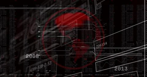 Showing red map overlay radiating white lines on computer screen, with data code Stock Illustration