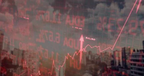 Showing red overlay with tickers grid red uptrend line and arrow over skyline Ilustración de archivo