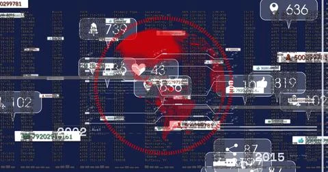 Showing red skull inside dashed ring on navy threat map dashboard with social 库存插图