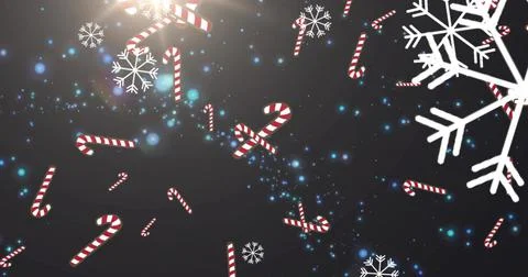 Showing red-striped candy cane cluster floating on charcoal sky with snowflakes Stock Illustration