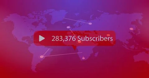 Showing red subscriber bubble with play-button icon on world map in dashboard, Foto stock