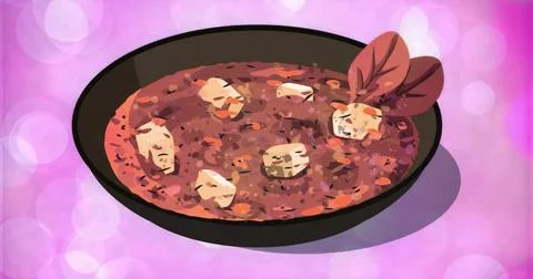 Showing red tomato stew in black pan on purple background with white chunks a Stock Illustration