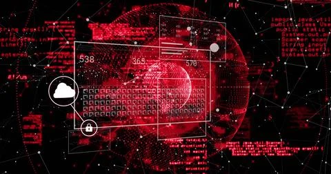 Showing red wireframe globe overlaying UI windows in cyberspace, featuring 写真素材