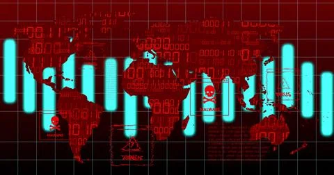 Showing red world map in digital monitoring with binary code overlay, cyan bars, Illustrazione stock