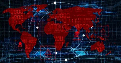Showing red world map on screen, with binary overlay, network nodes and Stock Illustration
