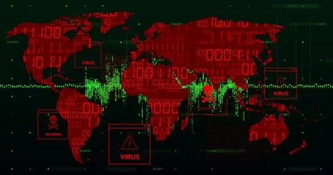 Showing red world map on security dashboard, with green waveform and popup virus Illustrazione stock