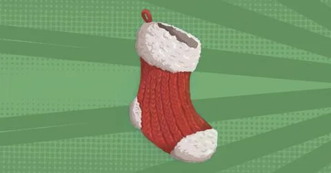 Showing red Xmas stocking with white faux fur trim, hanging loop on green Stock Illustration
