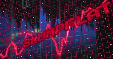 Showing red zigzag graph and SLUMPFLATION overlay on market interface grid, with Stockillustratie