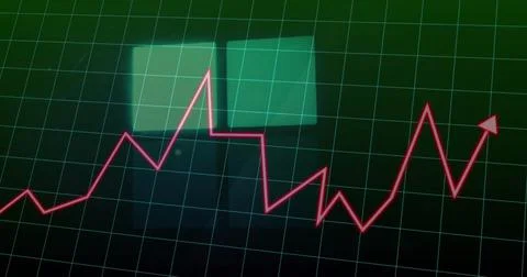 Showing red zigzag line graph ending with arrow tip over grid on dashboard, with Stock Photos