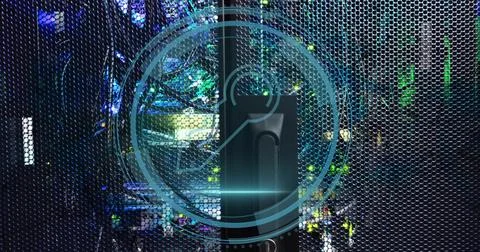 Showing refresh icon overlaying server rack behind hex mesh door in data center Stock Photos