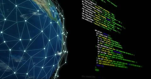 Showing rendered Earth globe with translucent mesh and glowing nodes on black 写真素材